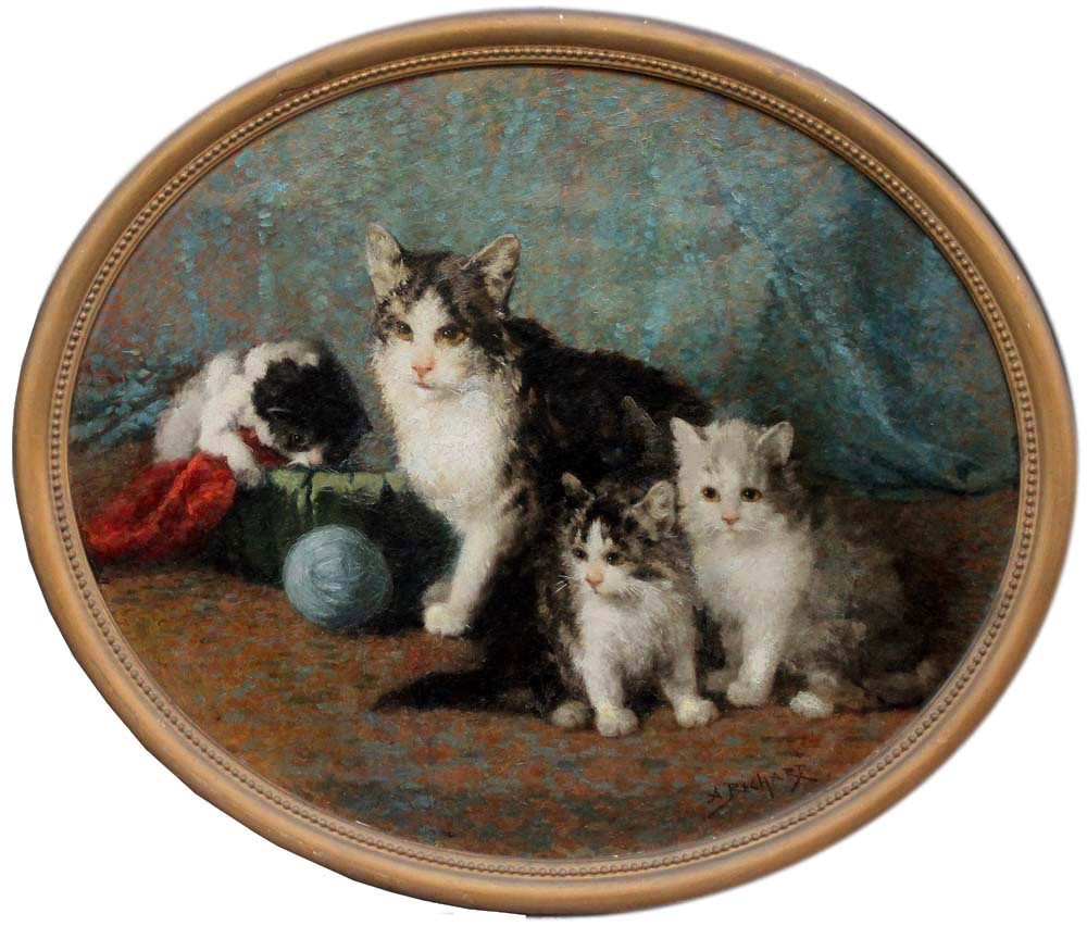 Cat And Her Three Kittens By A. Bechard (french, 19th-20th Century)