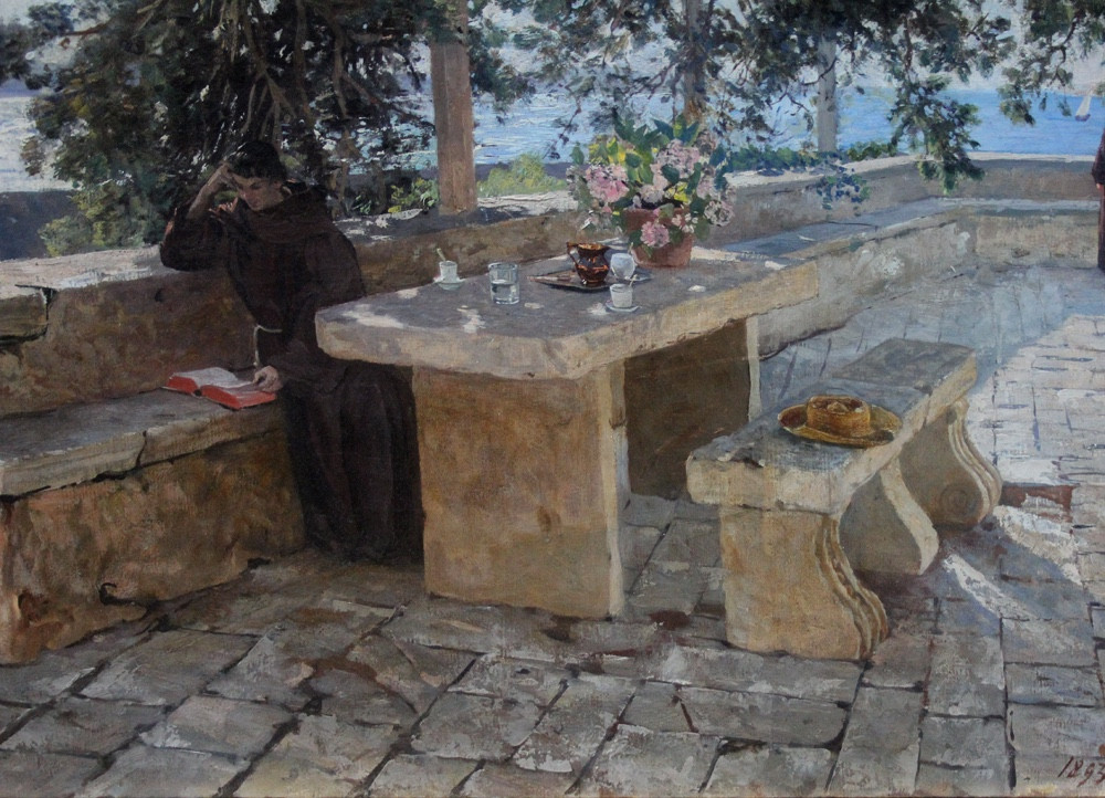 Sunny Monastery Terrace On The Seaside  By Eduard Ameseder (austrian 1856 - 1938)-photo-3