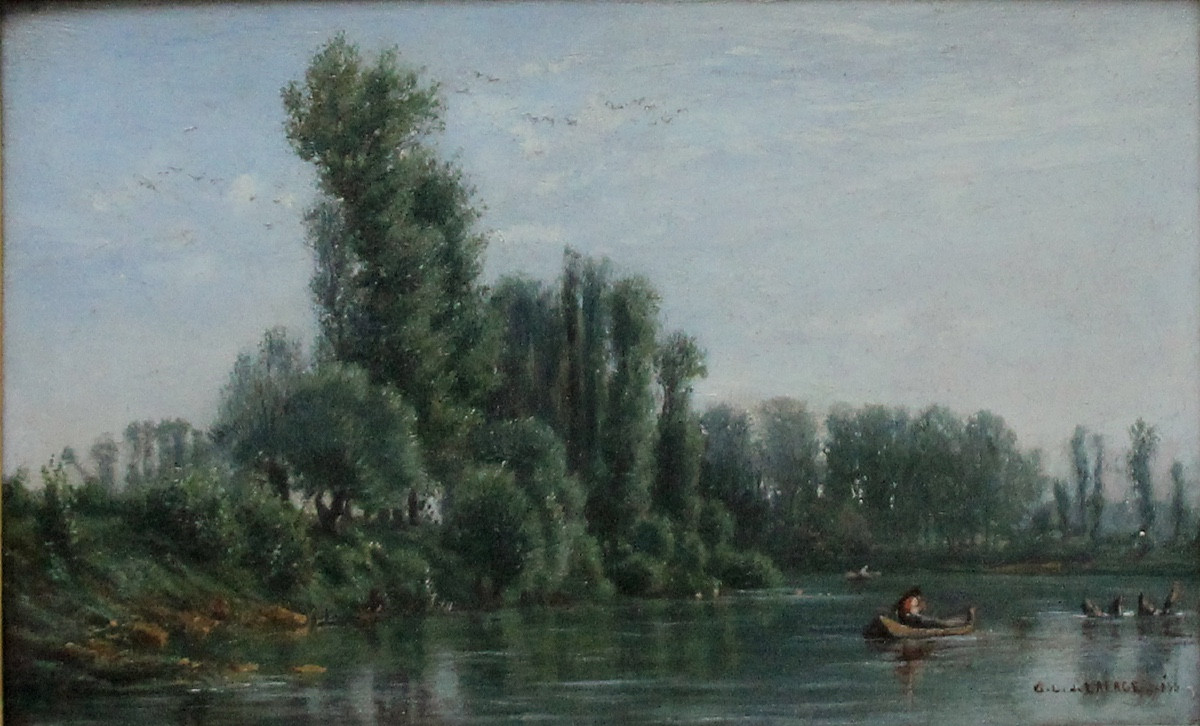 Georges Laujoil De La Fage ( French 1830 - 1858)  Idyllic Landscape With Fishermen On The River-photo-2