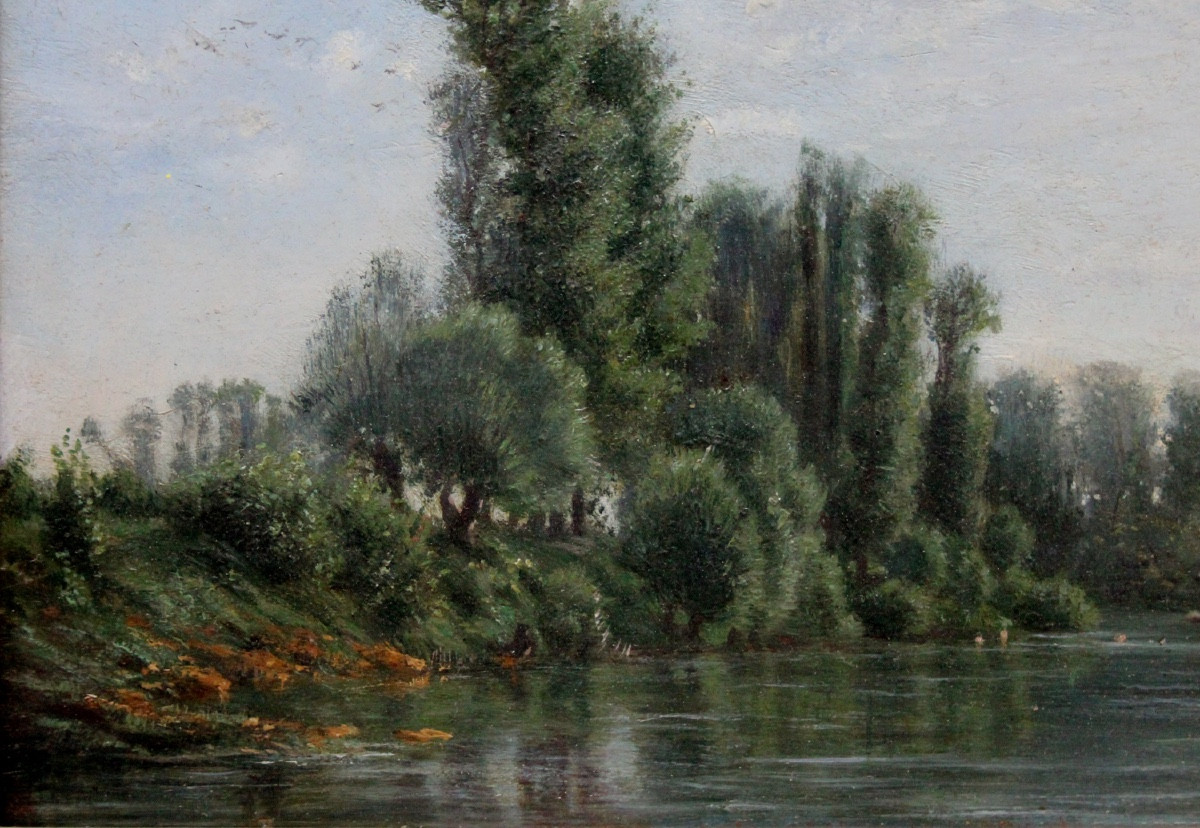 Georges Laujoil De La Fage ( French 1830 - 1858)  Idyllic Landscape With Fishermen On The River-photo-4