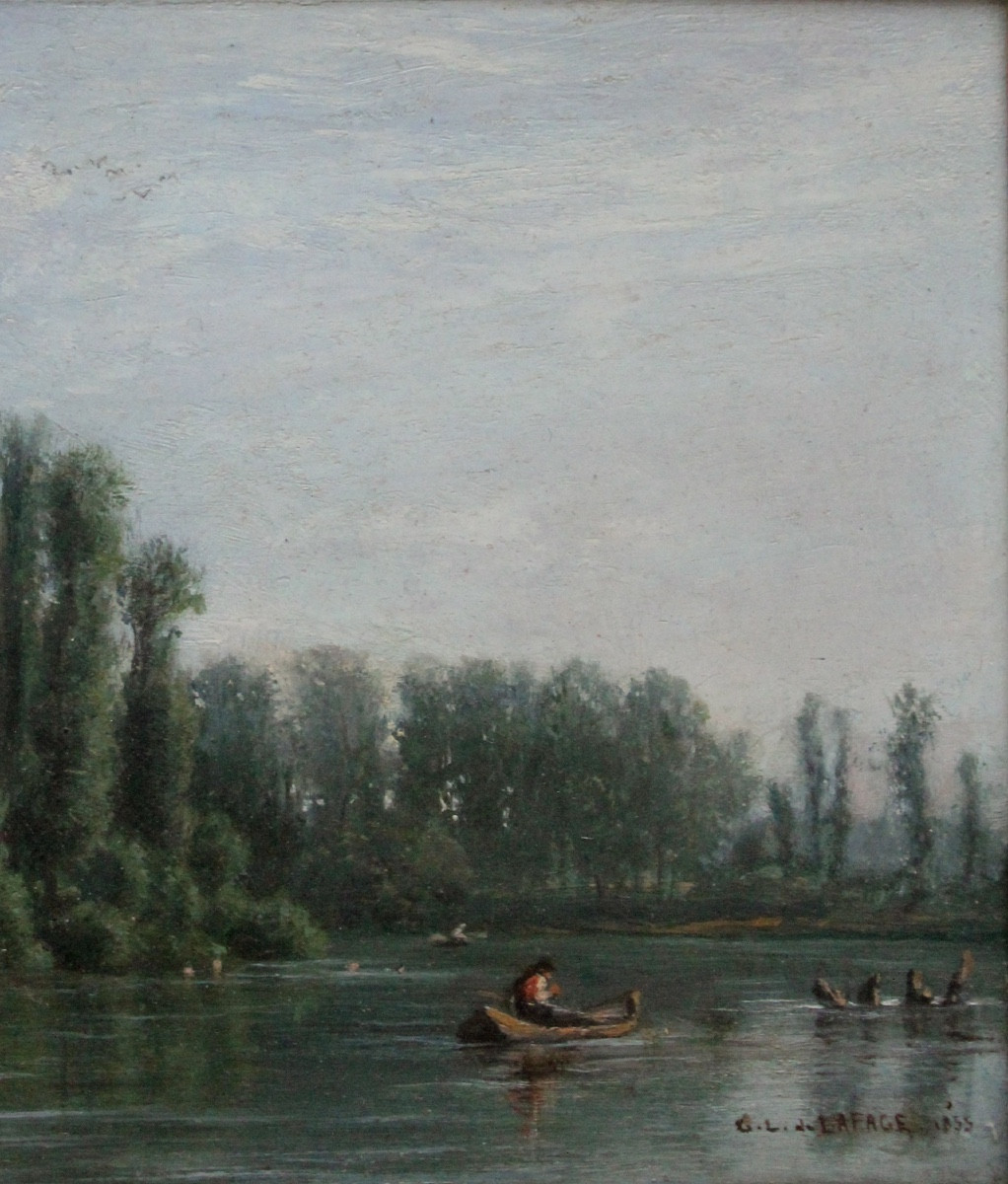 Georges Laujoil De La Fage ( French 1830 - 1858)  Idyllic Landscape With Fishermen On The River-photo-2