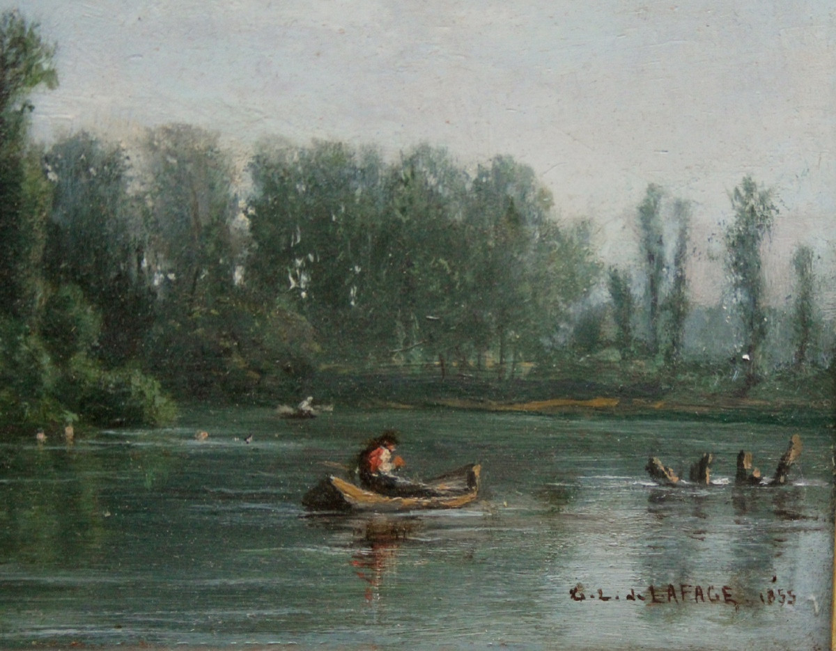 Georges Laujoil De La Fage ( French 1830 - 1858)  Idyllic Landscape With Fishermen On The River-photo-3