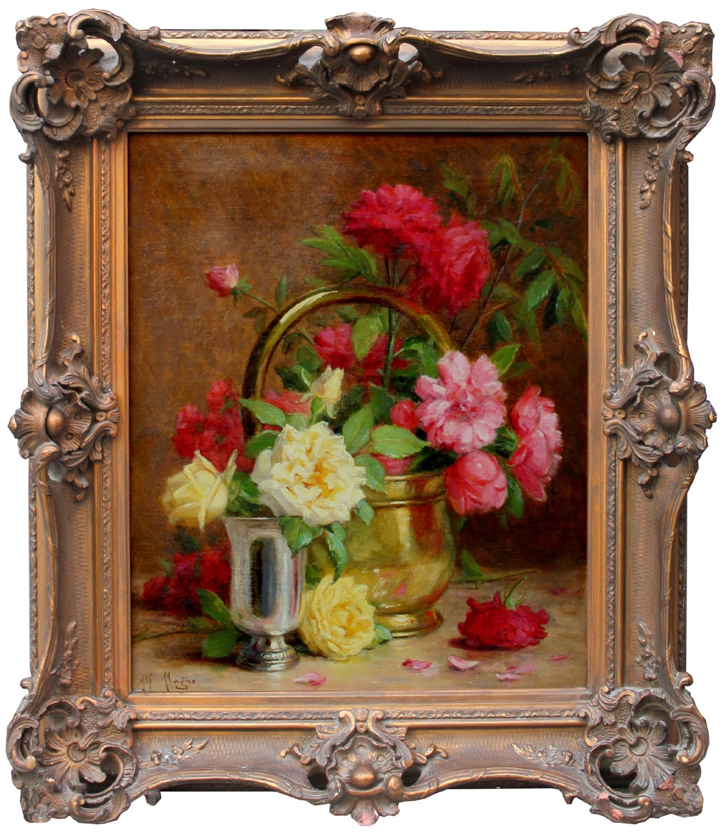 Pivoines dans des bouilloires en cuivre par Alfred Magne (Français, 1855-1936)