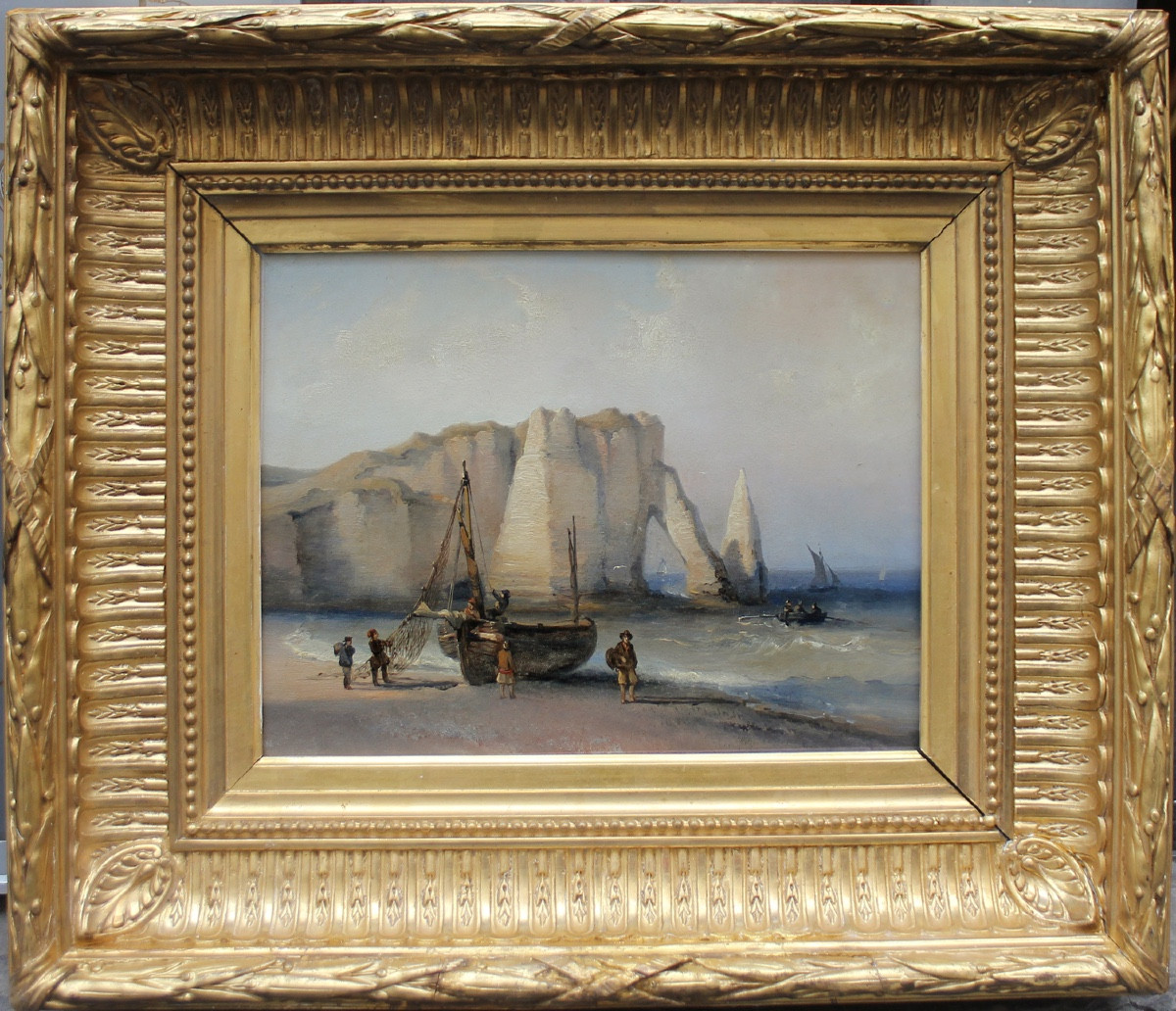 Coastal Scene At  étretat Cliff In Normandy, French School, Circa 1840