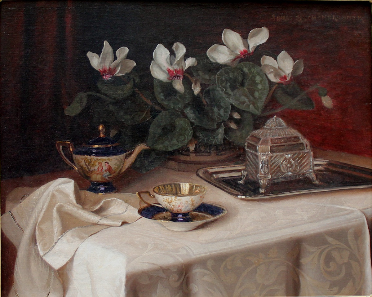 Nature morte au service à thé de Sèvres en fleurs par Ignaz Schönbrunner (né en 1871)-photo-2
