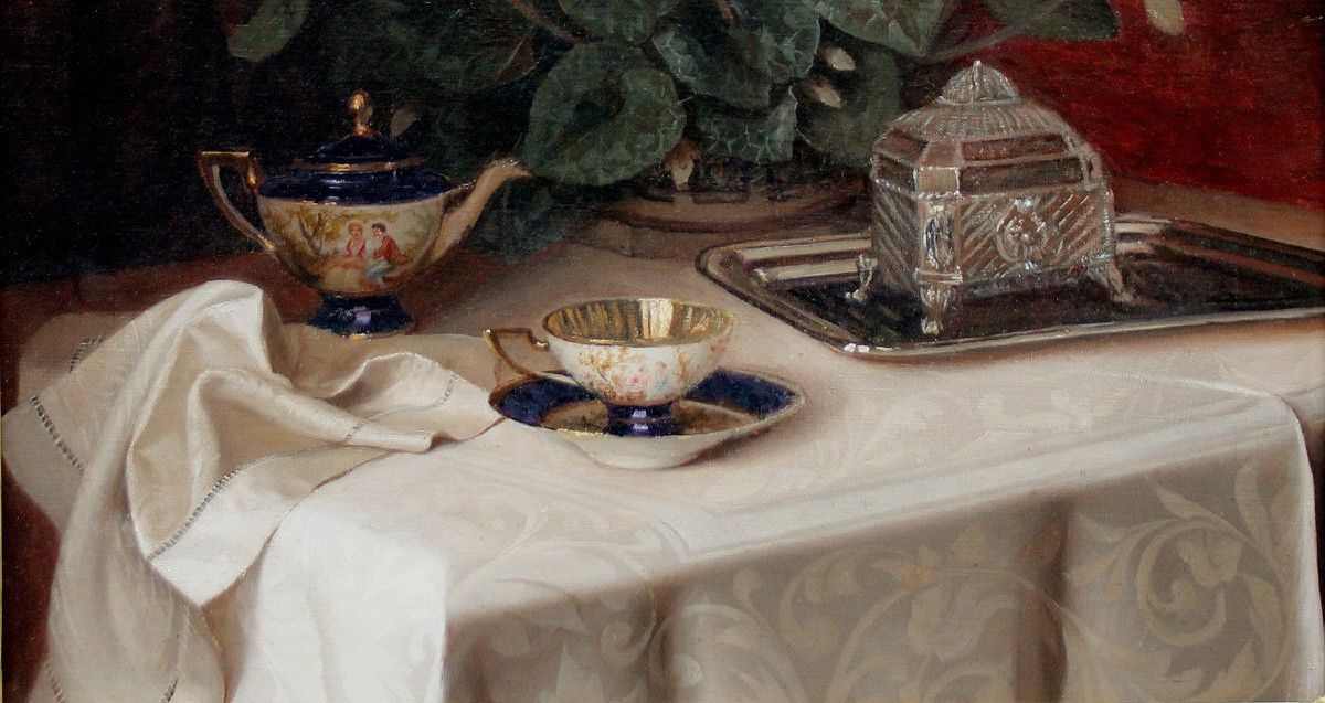 Nature morte au service à thé de Sèvres en fleurs par Ignaz Schönbrunner (né en 1871)-photo-4
