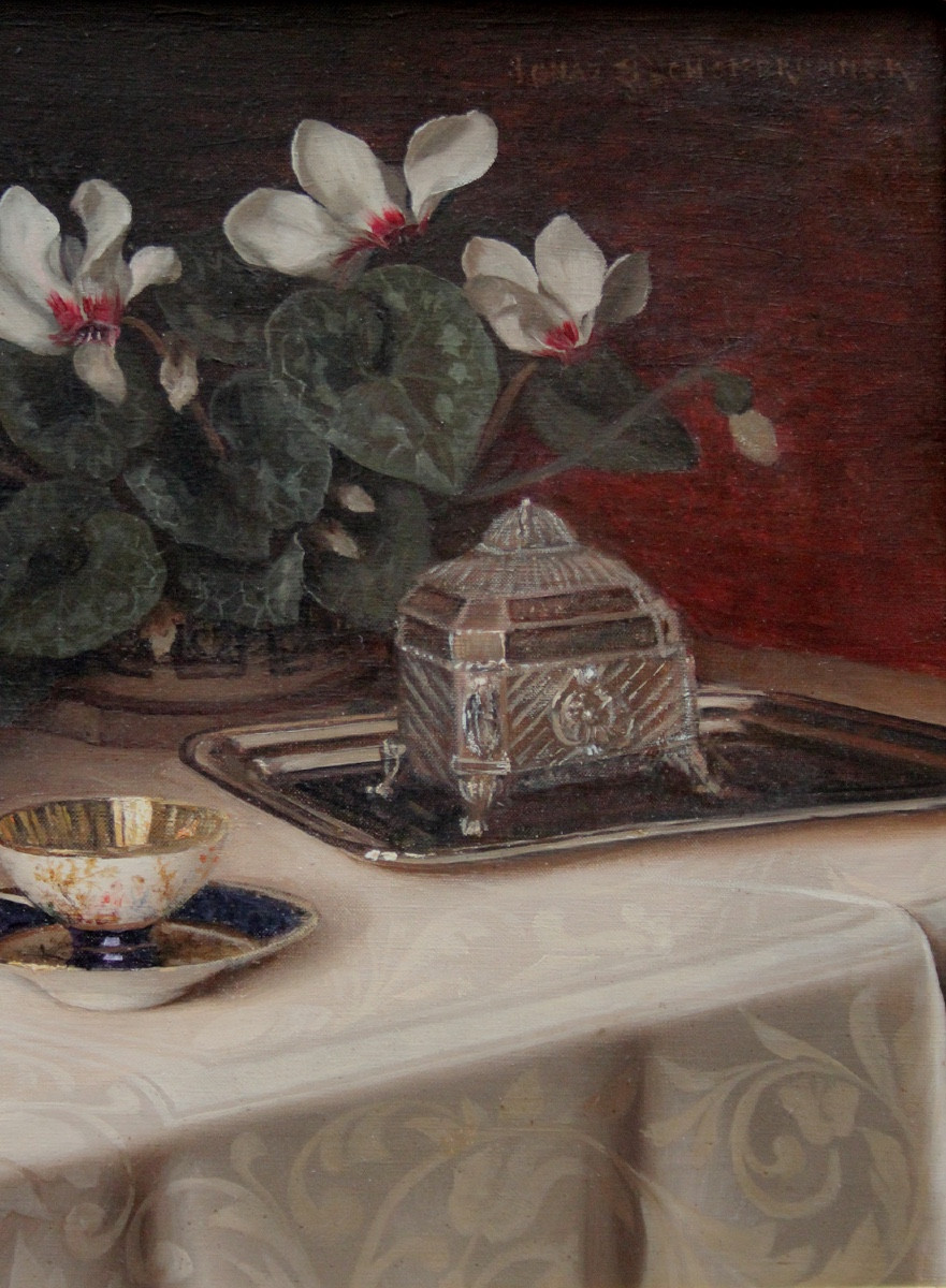 Nature morte au service à thé de Sèvres en fleurs par Ignaz Schönbrunner (né en 1871)-photo-3