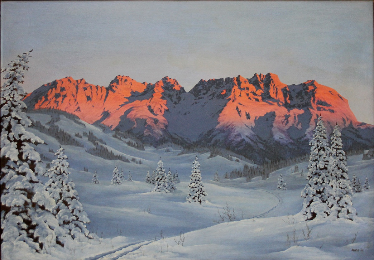 Coucher de soleil sur le massif du WilderKaiser auTyrol par Hans Jos. Barma-Smatlak, né en 1903-photo-2