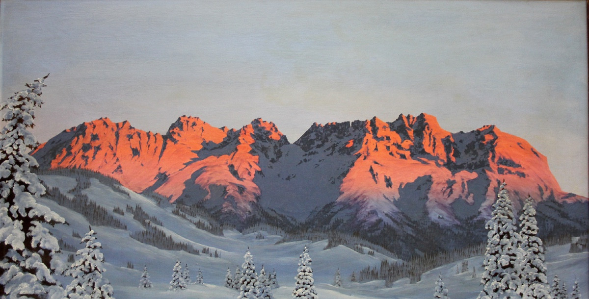 Coucher de soleil sur le massif du WilderKaiser auTyrol par Hans Jos. Barma-Smatlak, né en 1903-photo-3