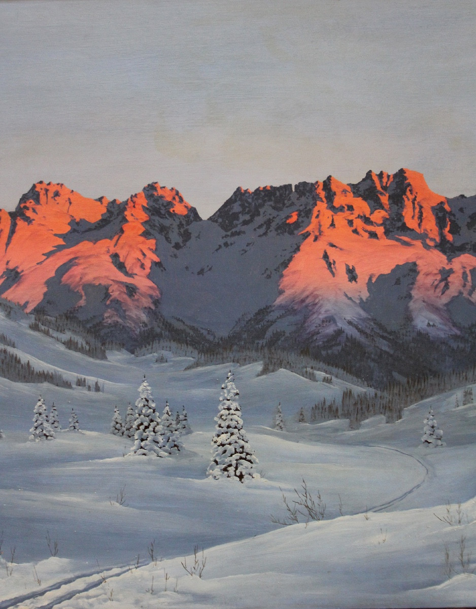 Coucher de soleil sur le massif du WilderKaiser auTyrol par Hans Jos. Barma-Smatlak, né en 1903-photo-4