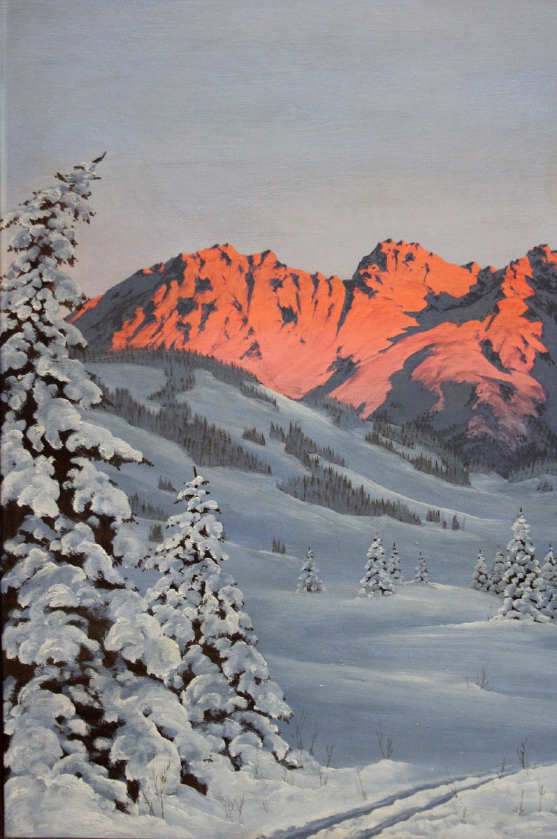 Coucher de soleil sur le massif du WilderKaiser auTyrol par Hans Jos. Barma-Smatlak, né en 1903-photo-2