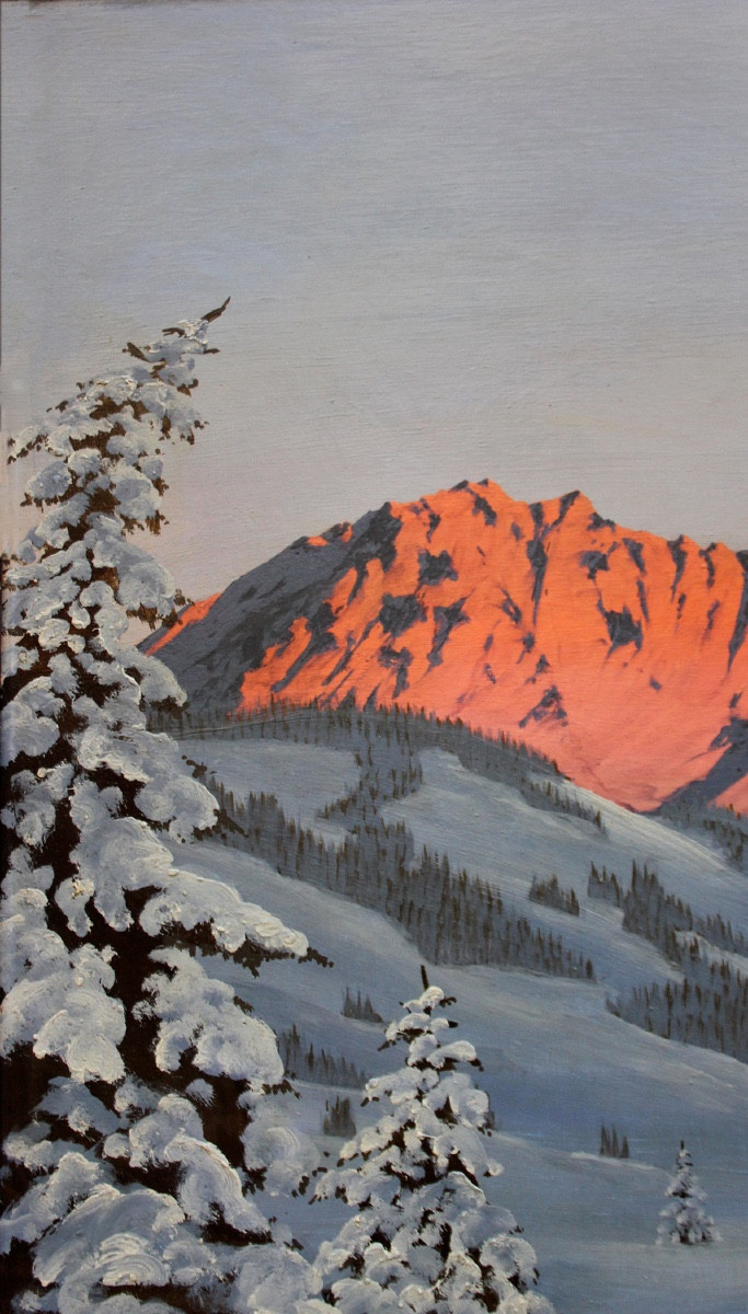 Coucher de soleil sur le massif du WilderKaiser auTyrol par Hans Jos. Barma-Smatlak, né en 1903-photo-3