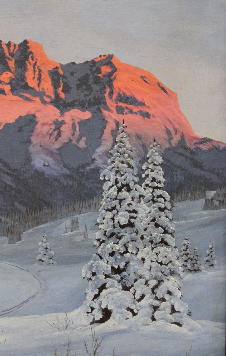 Coucher de soleil sur le massif du WilderKaiser auTyrol par Hans Jos. Barma-Smatlak, né en 1903-photo-5