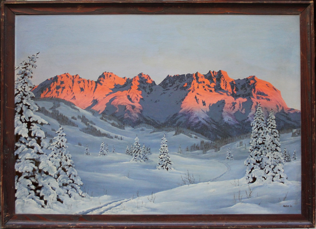 Coucher de soleil sur le massif du WilderKaiser auTyrol par Hans Jos. Barma-Smatlak, né en 1903