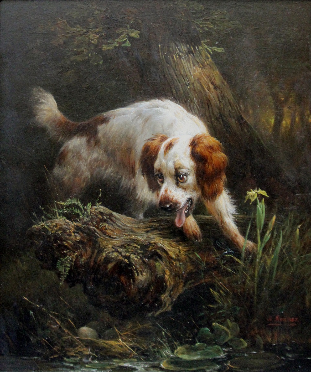 Henriette Ronner-knip (1821-1909) Hunting Dog Spotting Woodcock Eggs