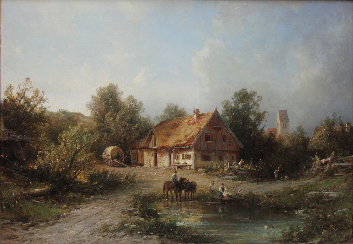 Julius Lange (german, 1817-1878) Village Scene With Peasants And Church In Background-photo-2