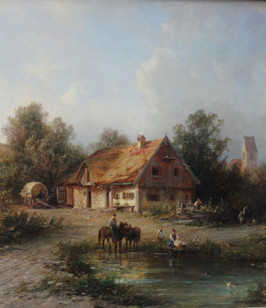 Julius Lange (german, 1817-1878) Village Scene With Peasants And Church In Background-photo-3
