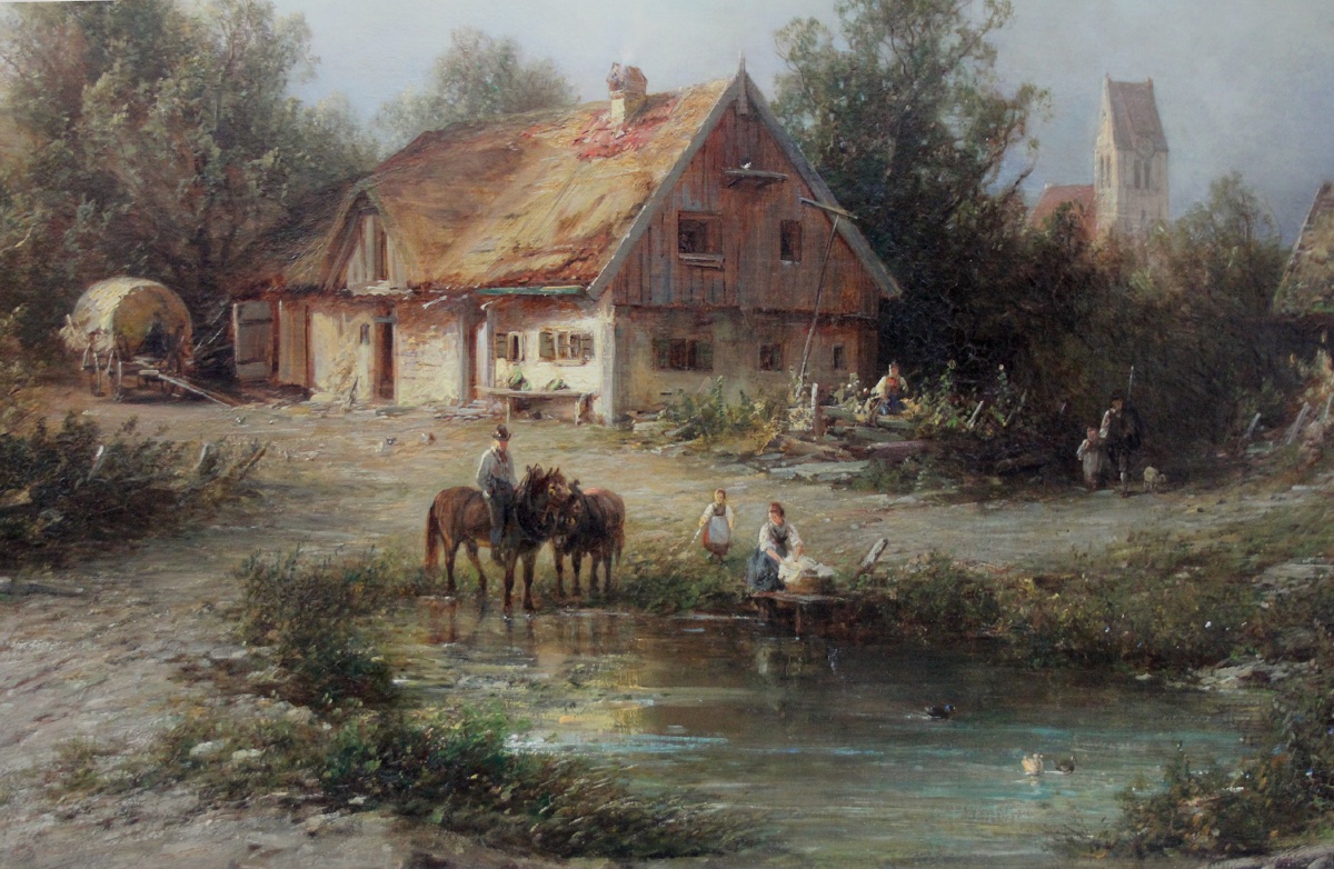 Julius Lange (german, 1817-1878) Village Scene With Peasants And Church In Background-photo-4