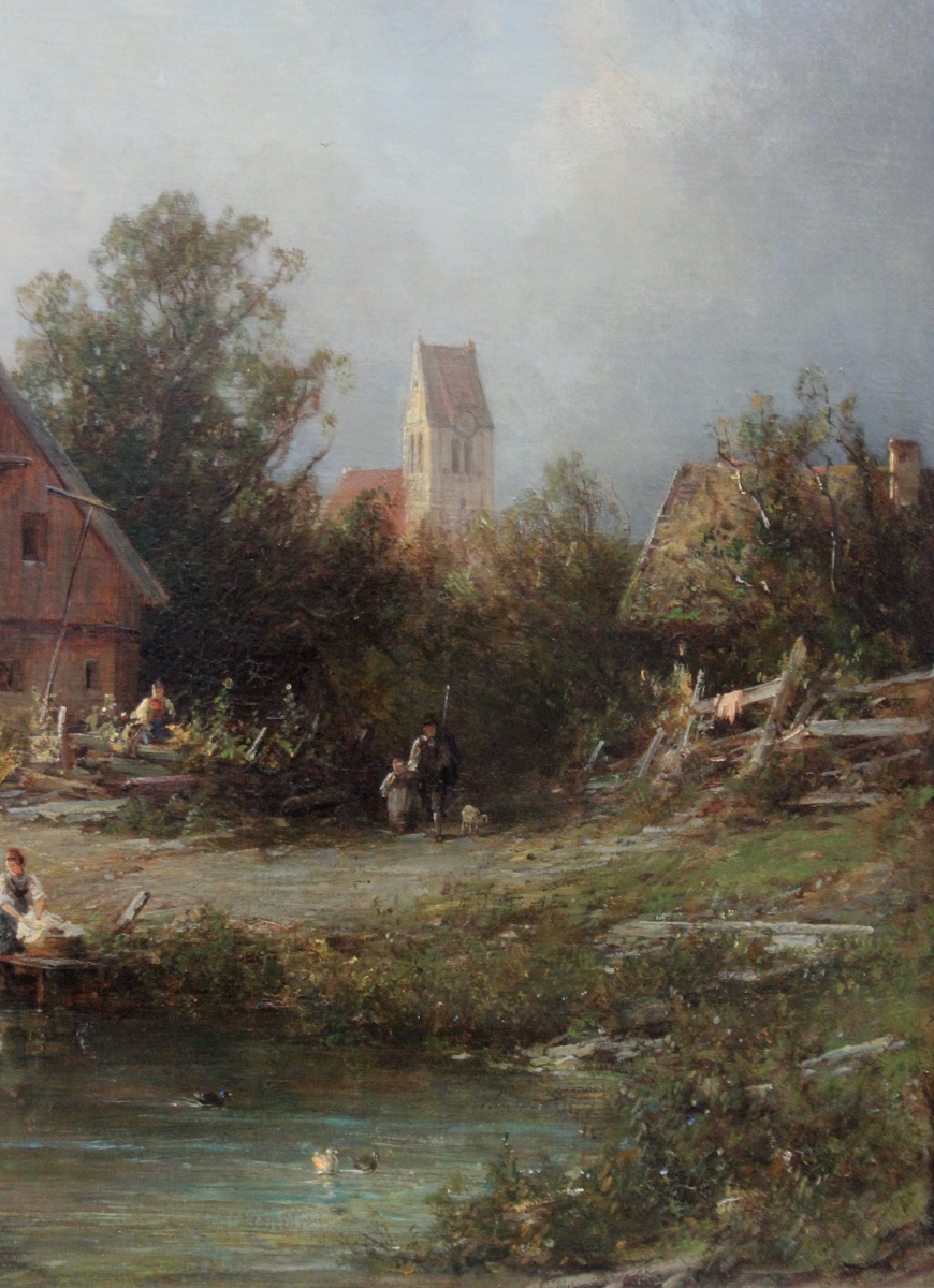 Julius Lange (german, 1817-1878) Village Scene With Peasants And Church In Background-photo-3