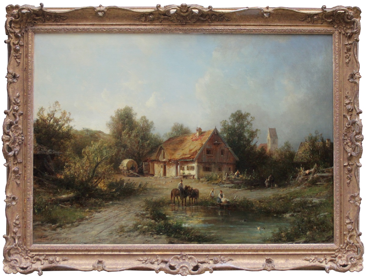Julius Lange (german, 1817-1878) Village Scene With Peasants And Church In Background
