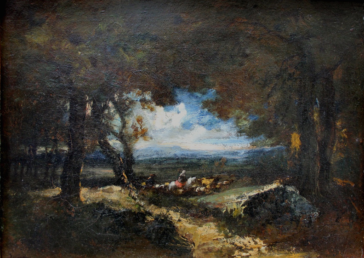 Alexandre Marie Longuet (1810 - 1851) Une bergère à cheval avec son troupeau en lisièr de forêt-photo-2