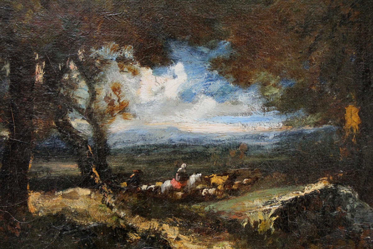 Alexandre Marie Longuet (1810 - 1851) Une bergère à cheval avec son troupeau en lisièr de forêt-photo-3