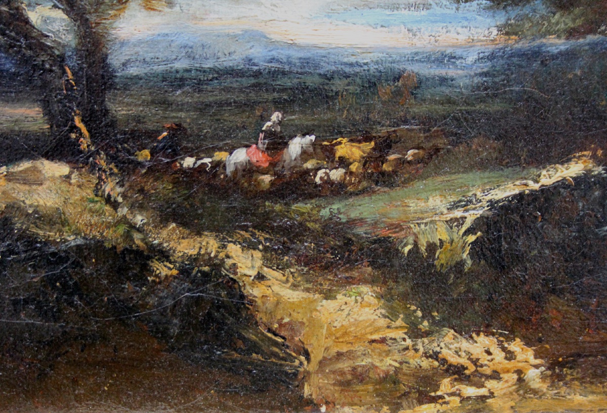 Alexandre Marie Longuet (1810 - 1851) Une bergère à cheval avec son troupeau en lisièr de forêt-photo-1