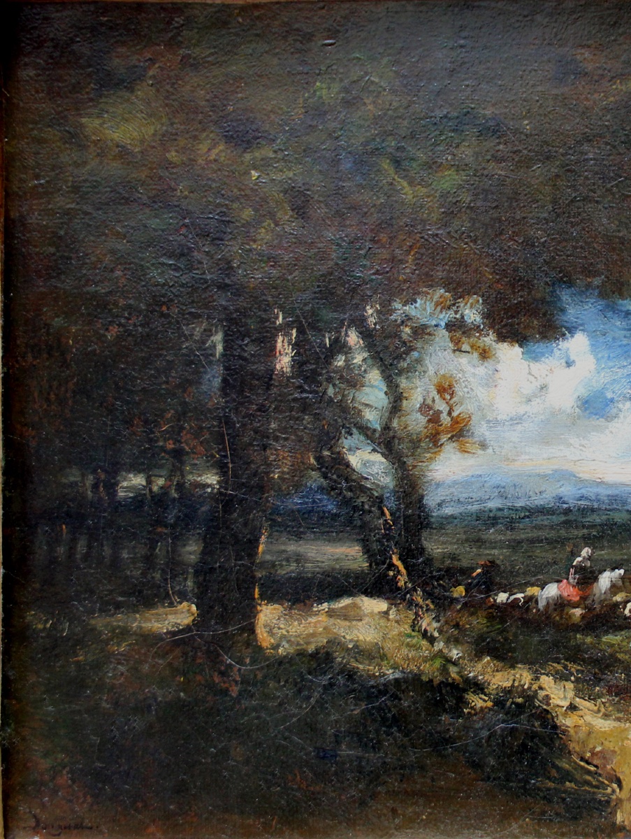 Alexandre Marie Longuet (1810 - 1851) Une bergère à cheval avec son troupeau en lisièr de forêt-photo-3