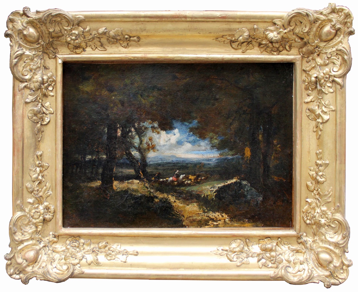 Alexandre Marie Longuet (1810 - 1851) Une bergère à cheval avec son troupeau en lisièr de forêt