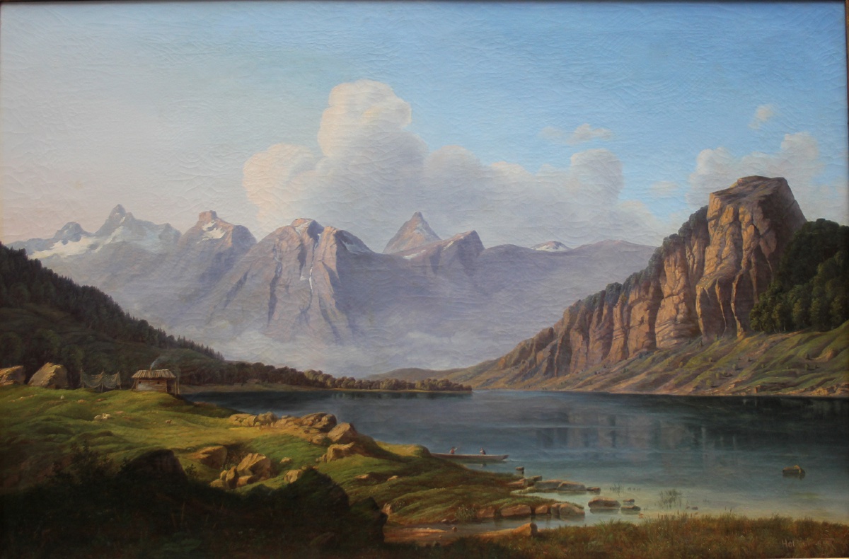 A Monumental Painting With A Mountain Lake By Josef Hölzl (austrian, 1809–1891)-photo-2