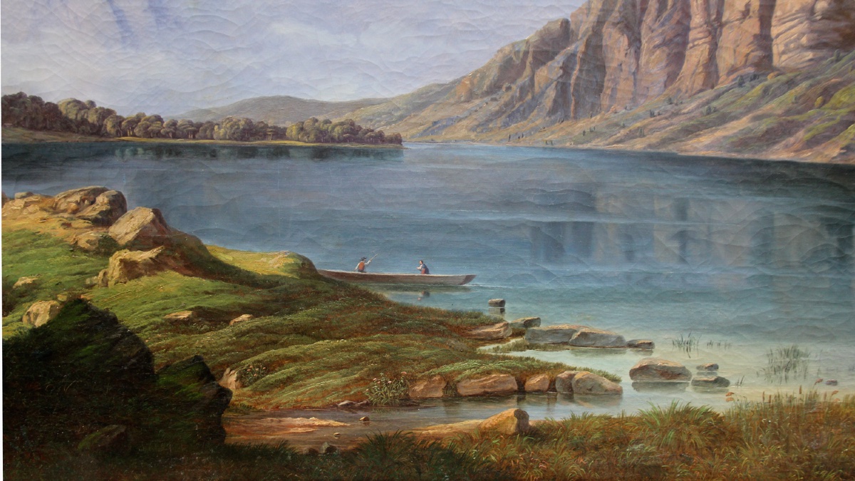 A Monumental Painting With A Mountain Lake By Josef Hölzl (austrian, 1809–1891)-photo-2
