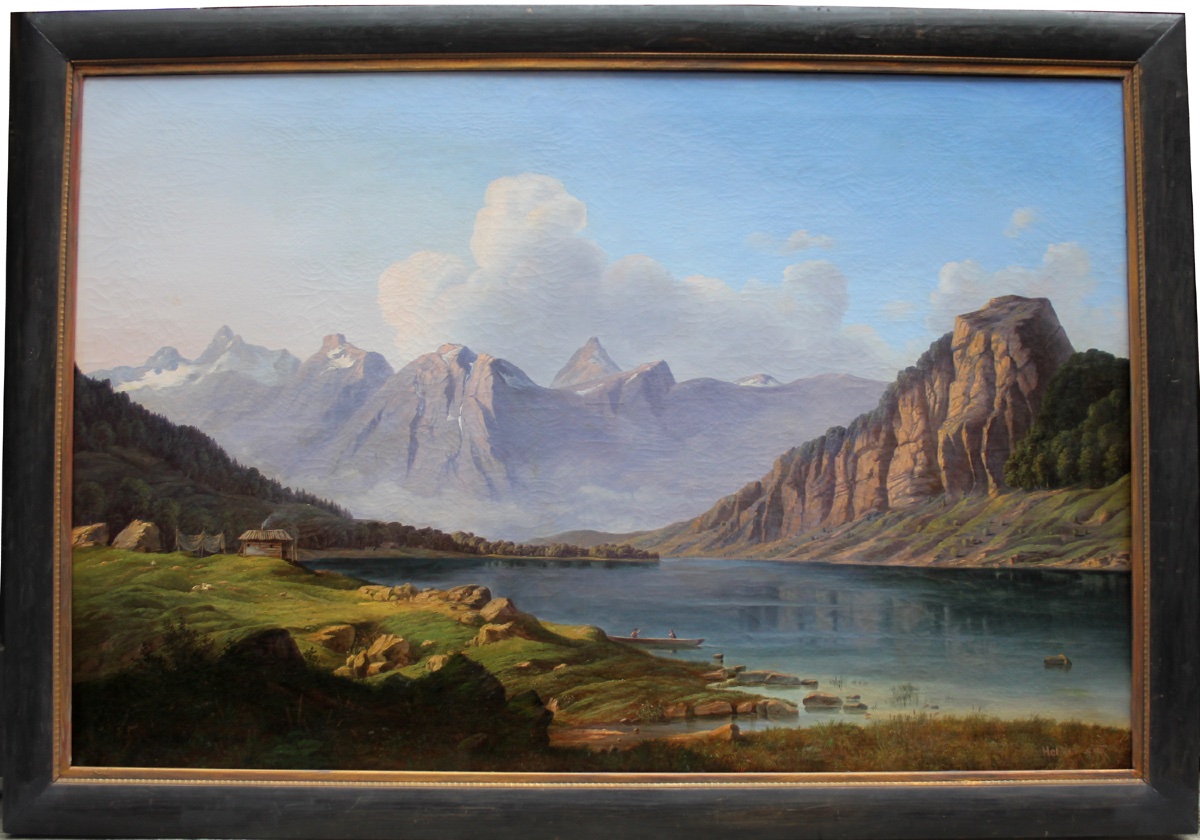 A Monumental Painting With A Mountain Lake By Josef Hölzl (austrian, 1809–1891)