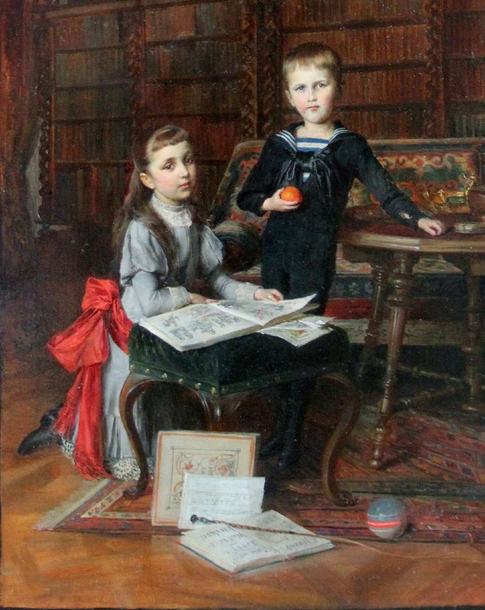 Portrait de frère et sœur dans la bibliothèque familiale  par Ernst Nowak (né en 1851)-photo-3