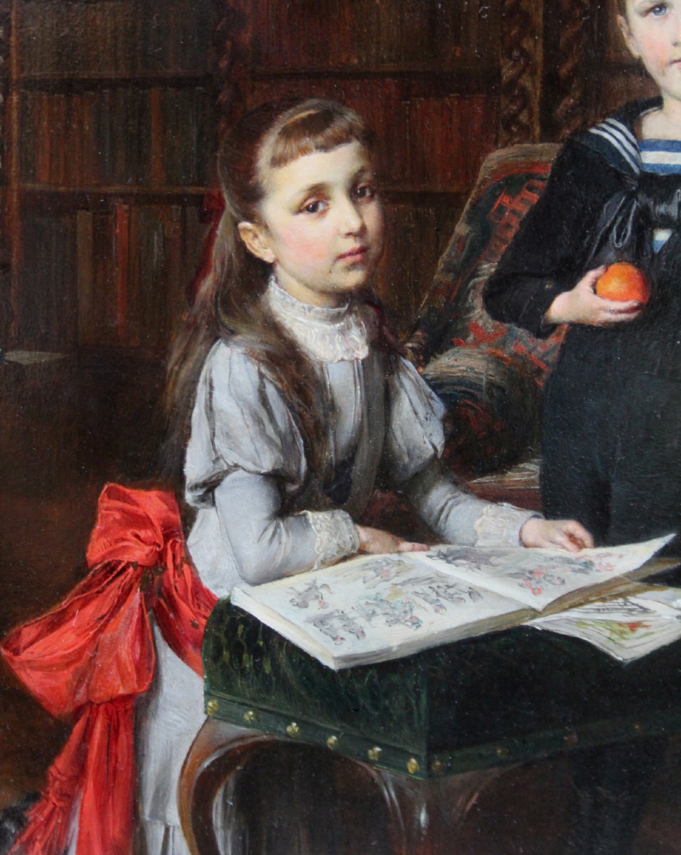 Portrait de frère et sœur dans la bibliothèque familiale  par Ernst Nowak (né en 1851)-photo-4