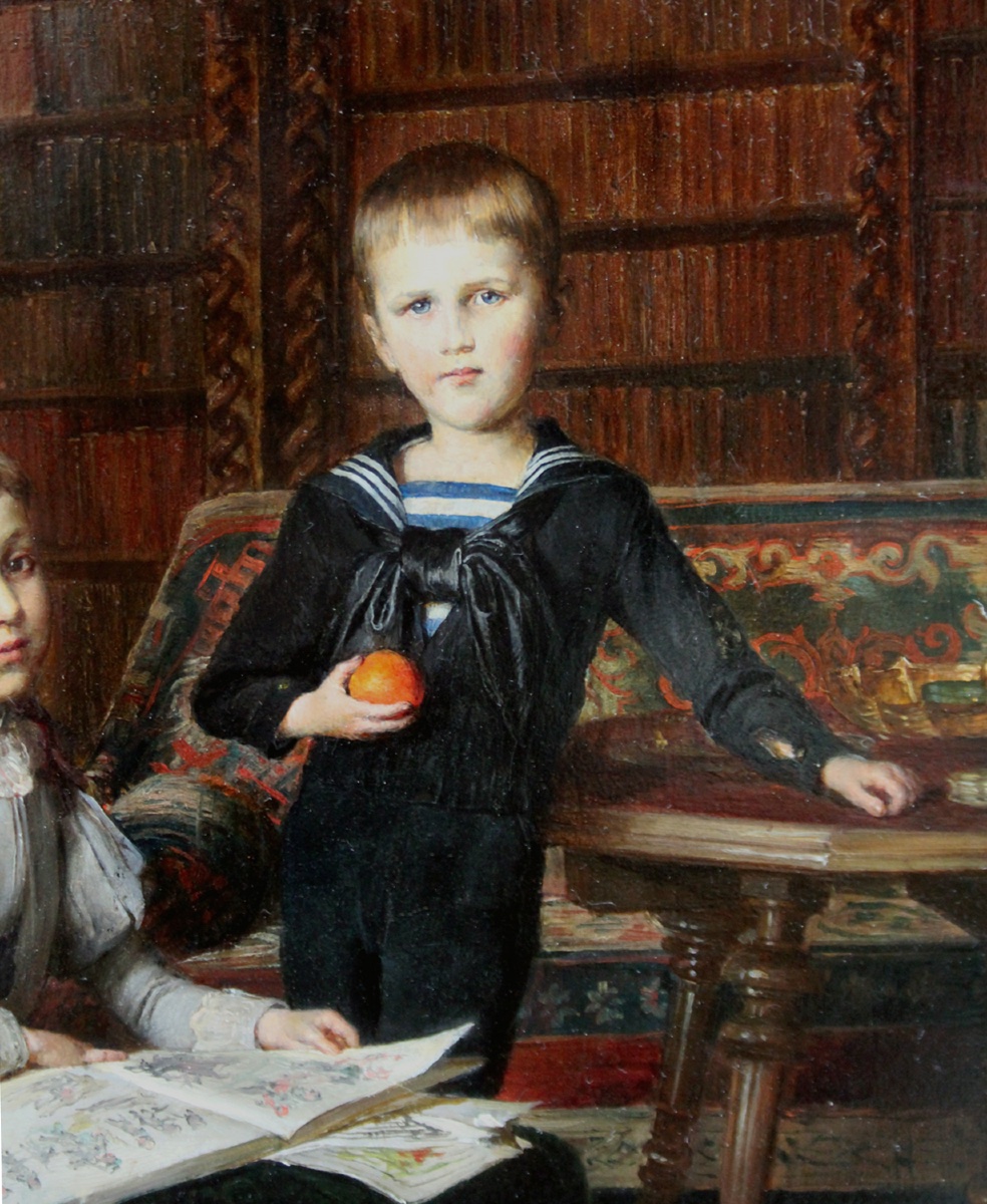 Portrait de frère et sœur dans la bibliothèque familiale  par Ernst Nowak (né en 1851)-photo-3