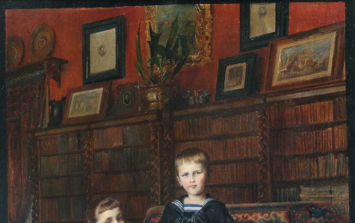 Portrait de frère et sœur dans la bibliothèque familiale  par Ernst Nowak (né en 1851)-photo-5