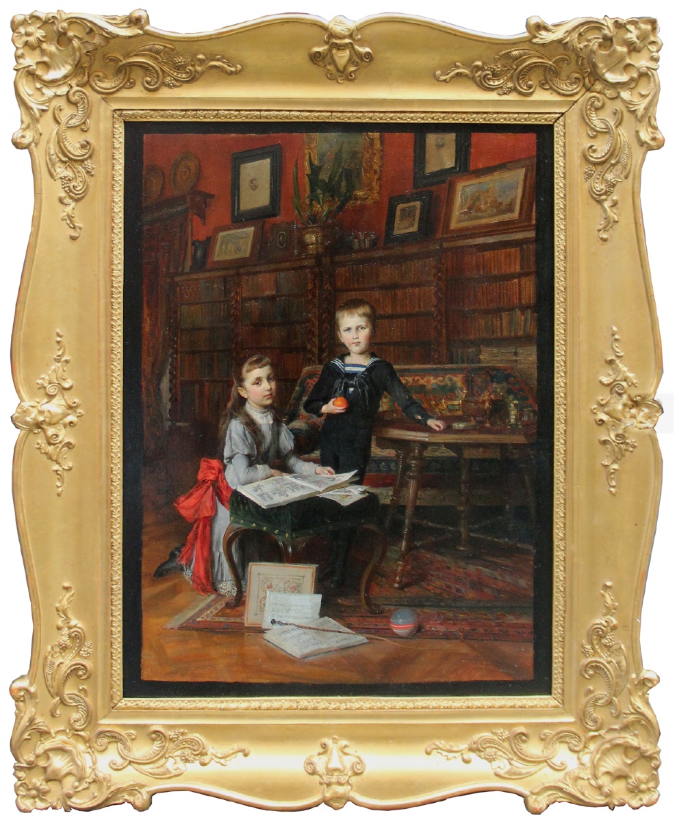 Portrait de frère et sœur dans la bibliothèque familiale  par Ernst Nowak (né en 1851)