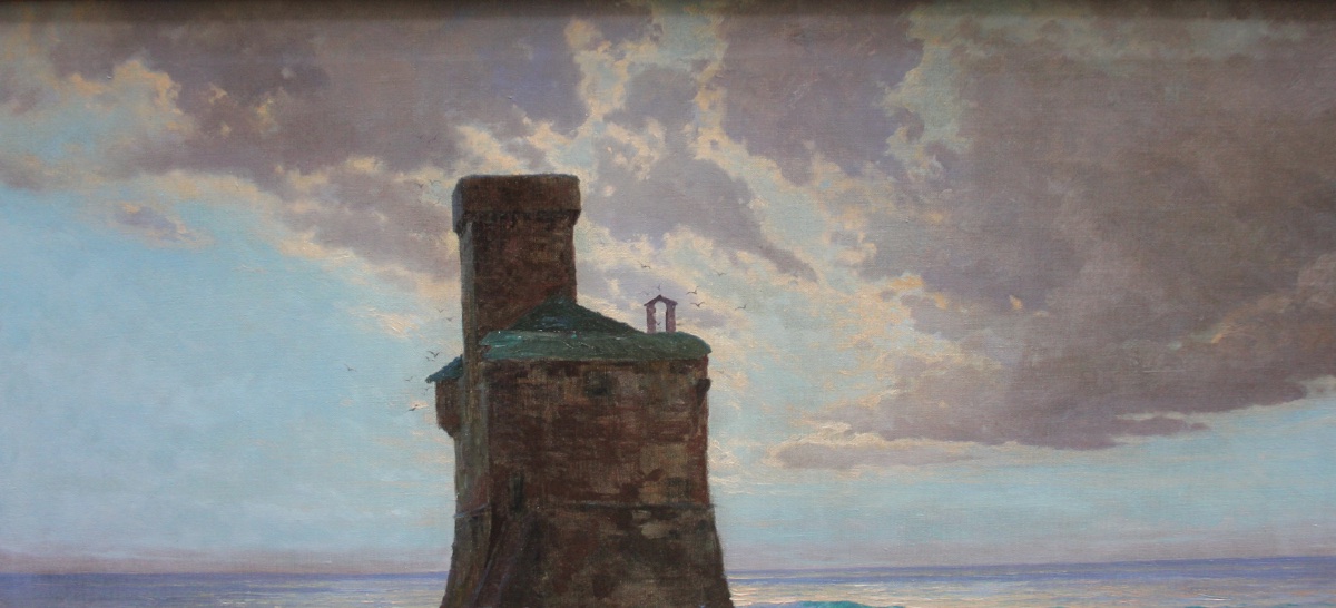 Paul Von Spaun (1876–1932) Seascape With An Ancient  Watchtower-photo-3