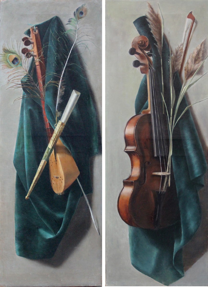 Pair Of Still Lifes Depicting European And Eastern Musical Instruments, Italy, 19th Century