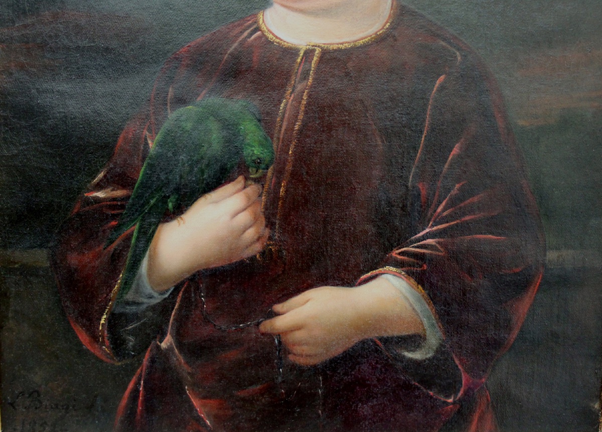 Luigi Biagi (1810 - Florence - 1882)  Portrait d'un enfant noble avec un perroquet-photo-1