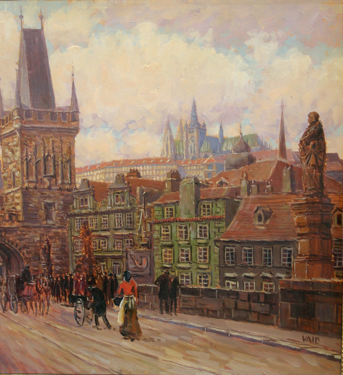 Vue du pont Charles à Prague, par Josef Vaic (artiste tchèque né en 1884)-photo-1