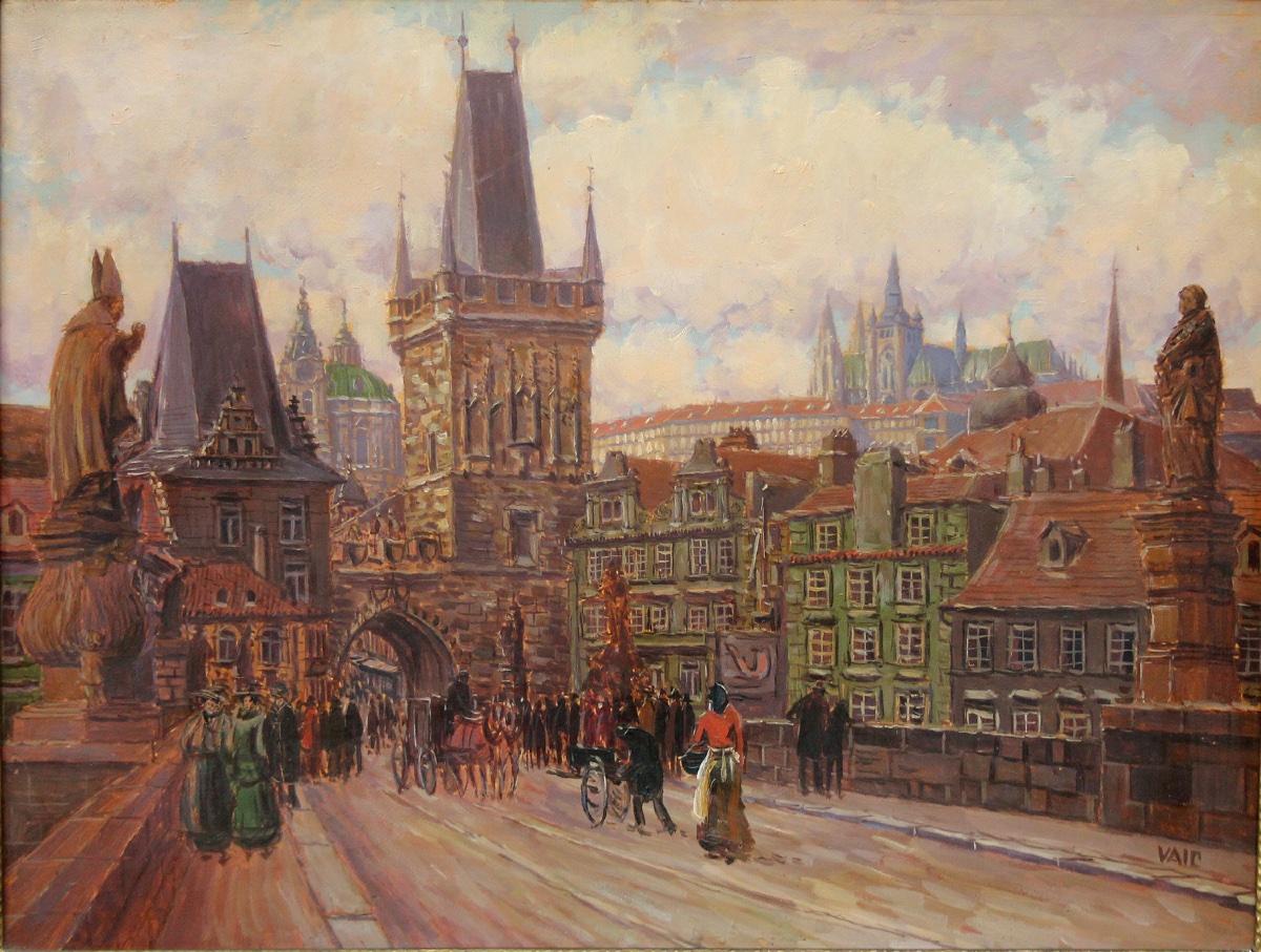 Vue du pont Charles à Prague, par Josef Vaic (artiste tchèque né en 1884)-photo-6