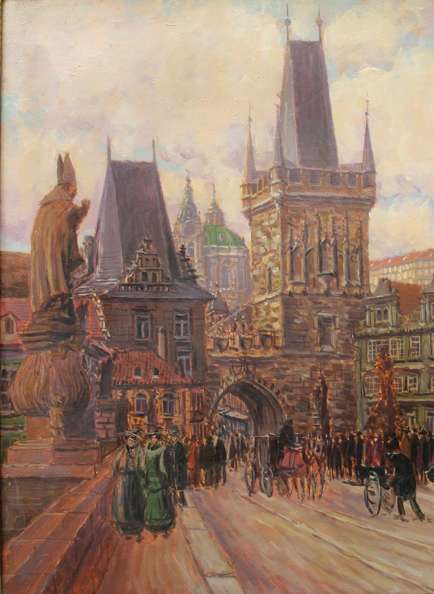 Vue du pont Charles à Prague, par Josef Vaic (artiste tchèque né en 1884)