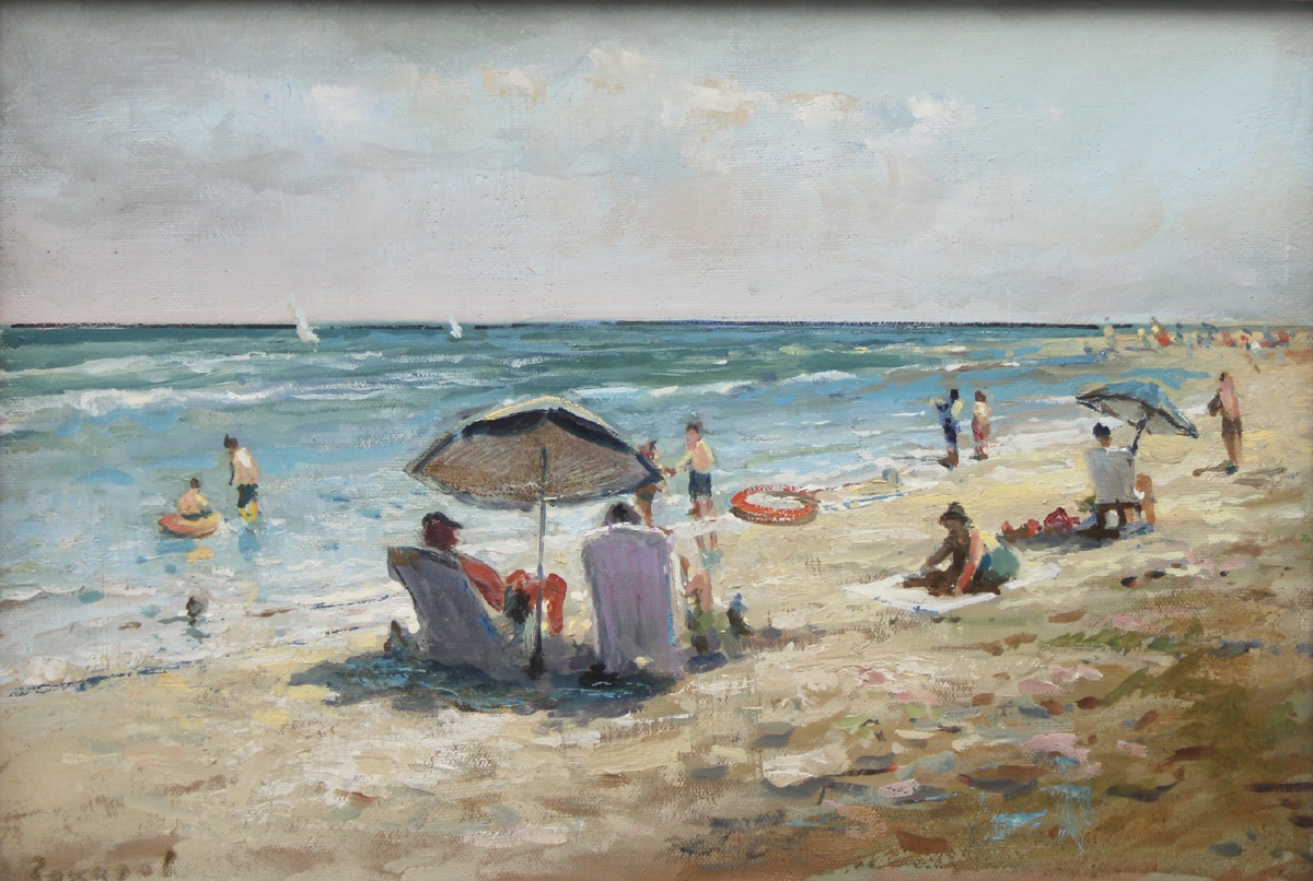 Beach Scene On The Black Sea Coast, By Zakharov (soviet Painter, 1950s–1970s)-photo-2