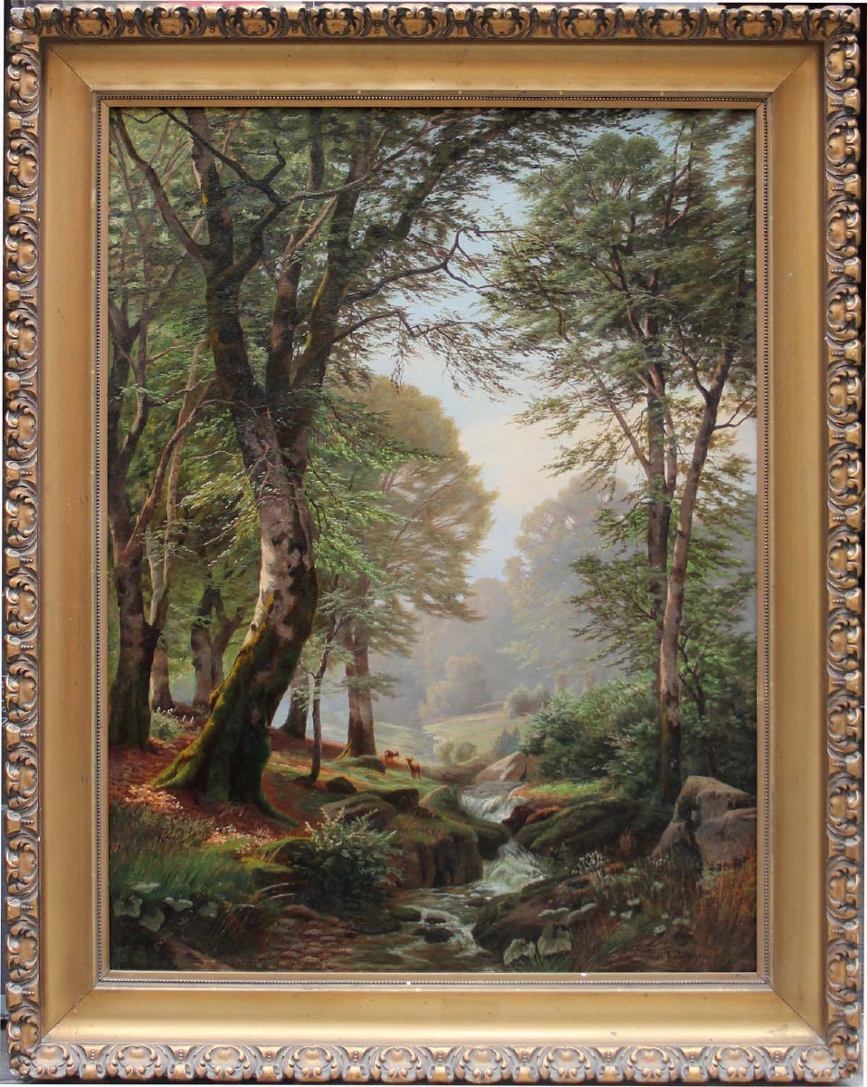 "roe Deers  By A Forest Stream" By Heinrich Boehmer (german, 1852–1930)