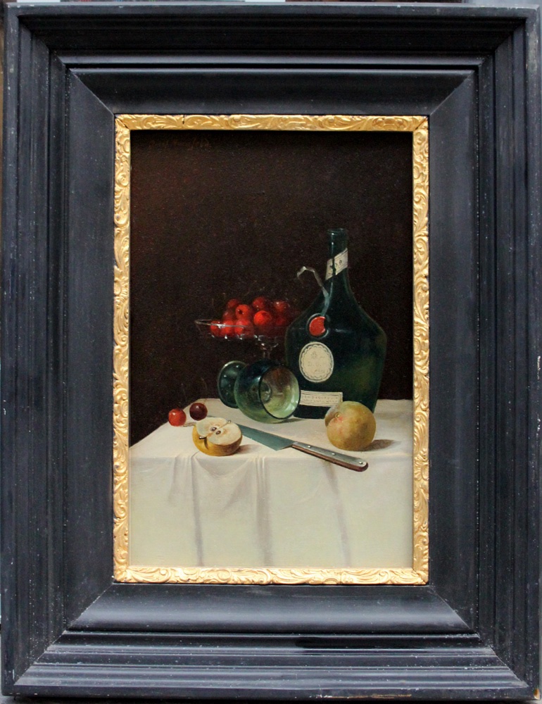 Josef Mansfeld (austrian, Born In 1819) Still Life With A Cherry, An Apple, And A Bottle Of Wine