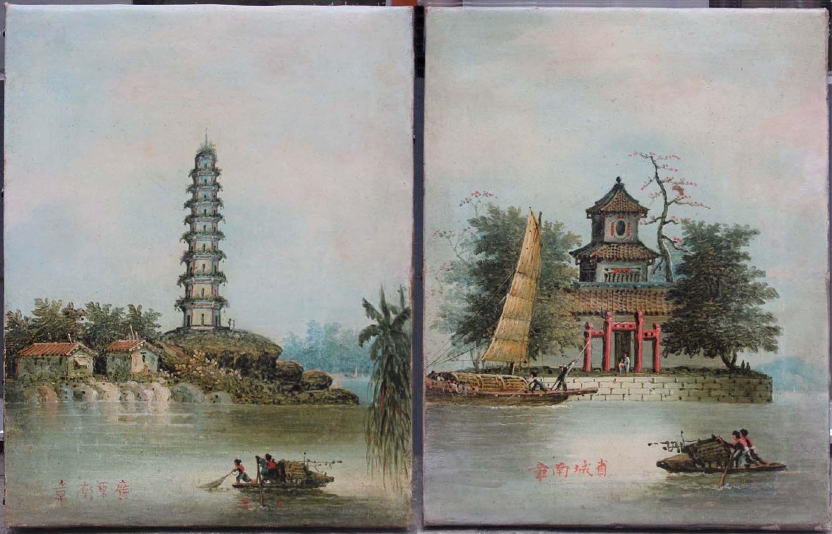 Pair Of Views Of Canton By Nam Cheong (chinese, Active 1840–1870), Studio Of