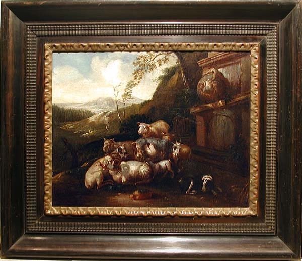 Moutons avec chien par le puits antique dans Roman Campagna par Philipp Peter Roos / Rosa da Tivoli ( 1657 - 1706) - attribué-photo-2