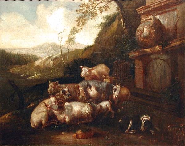 Moutons avec chien par le puits antique dans Roman Campagna par Philipp Peter Roos / Rosa da Tivoli ( 1657 - 1706) - attribué