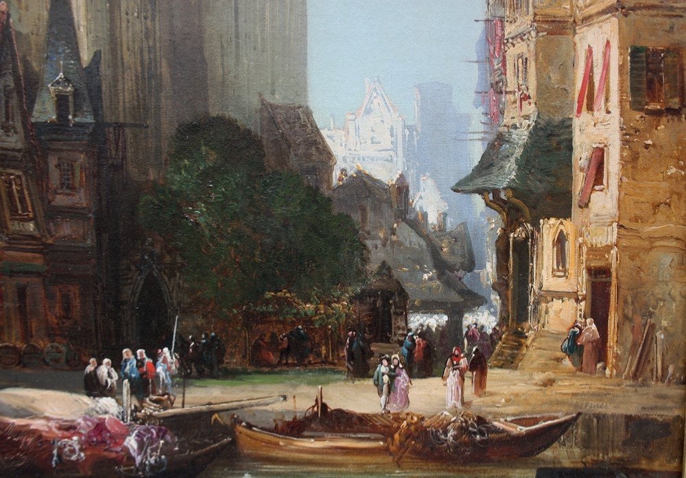 Street Scene In The Front Of A Cathedral (old Rouen?)  By Alexandre Defaux (french, 1826-1900)-photo-1